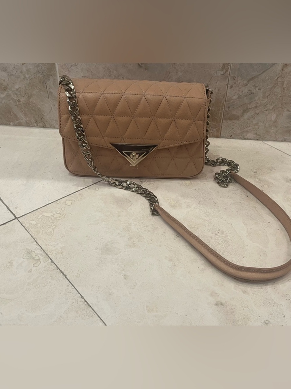SCHUTZ Quilted Beige Crossbody Bag with Chain Strap